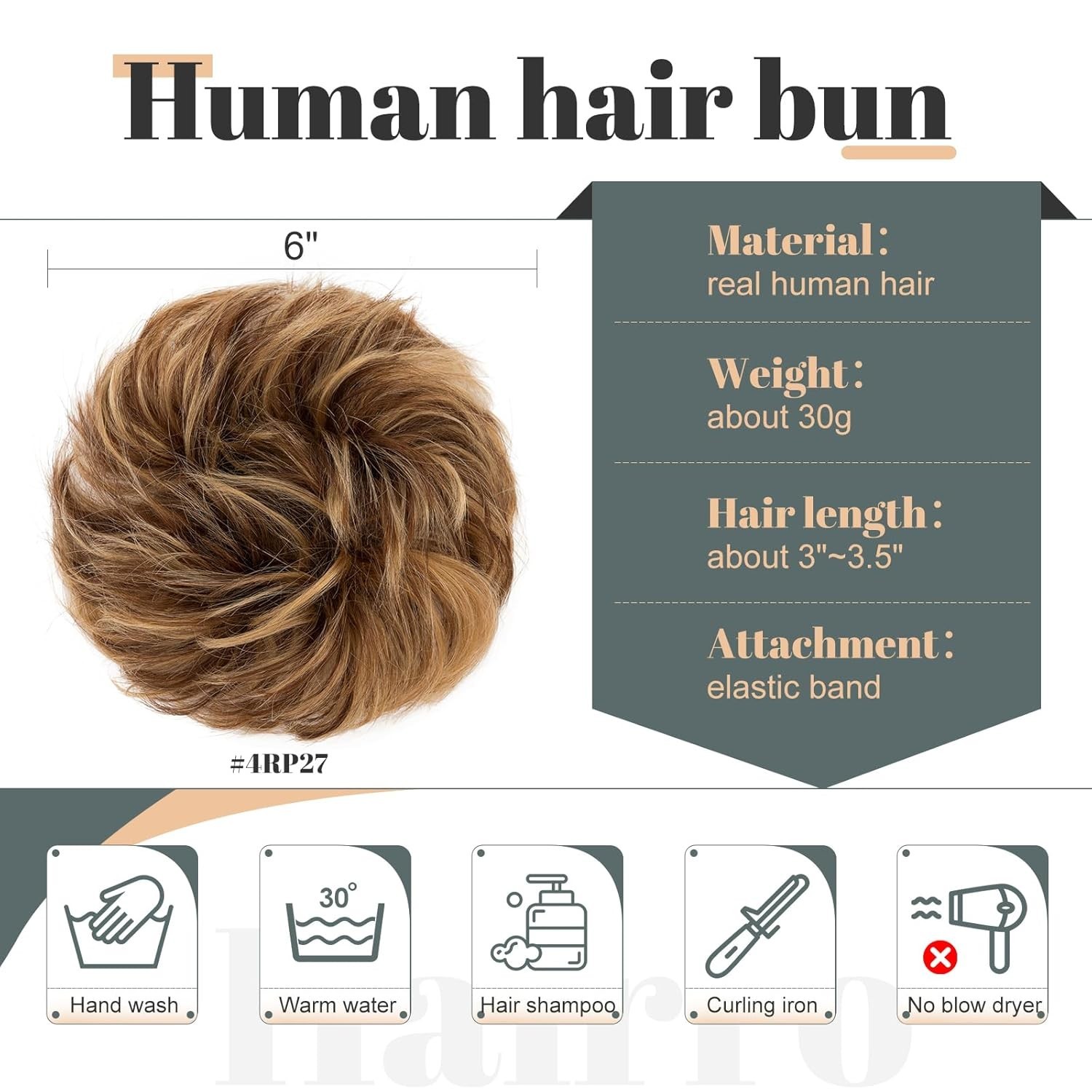 Human Hair Messy Bun Hair Piece For Women 30g #4RP27 Medium Brown Mix Dark Blond