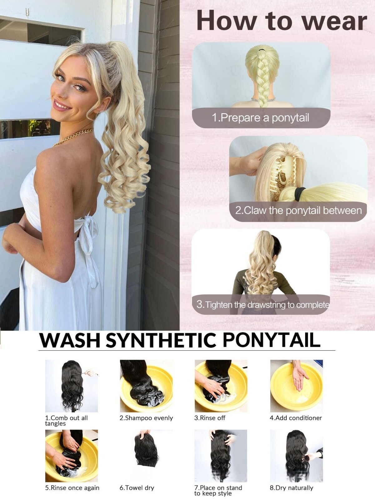 26″ Real Ponytail Claw Clip Hair Extension Pony Tail Thick Hairpiece in As Human