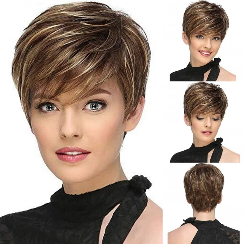 Fashion Short Pixie Cut Wigs For Women Daily Party Curly Brown mixed Blonde Wigs