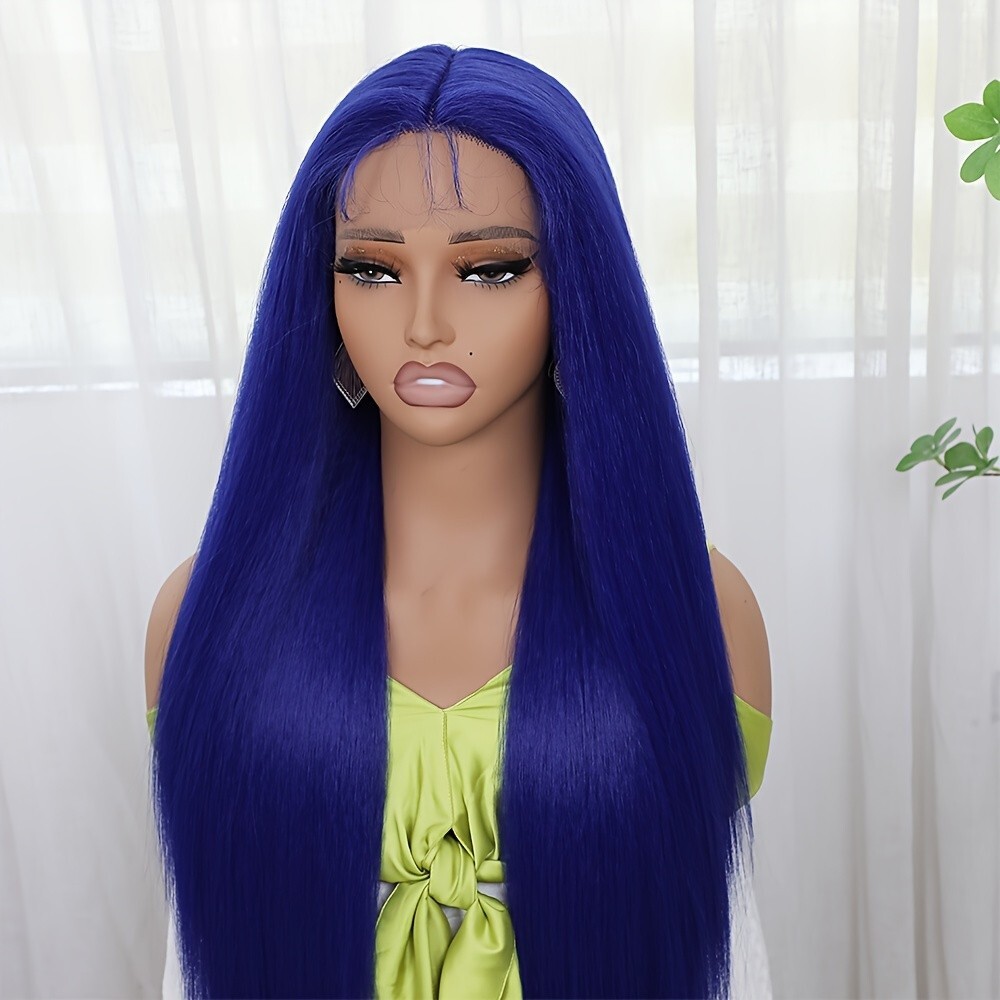 Dark Blue Hair Synthetic Lace Front Wigs 32 Inches Long Straight Heat Resistant