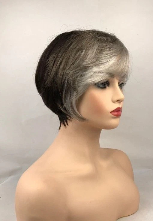 Ladies Human Hair Short Curly Black Grey Wigs Women’s Wig+Wig Cap