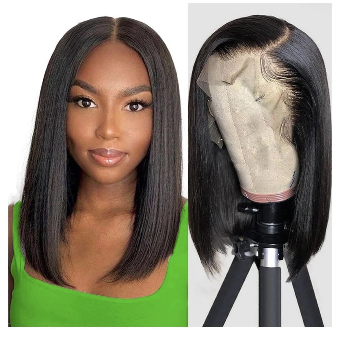 Moshe Human Hair Lace Front Wig 12” Dark Brown Bob Wig Adjustable Cap