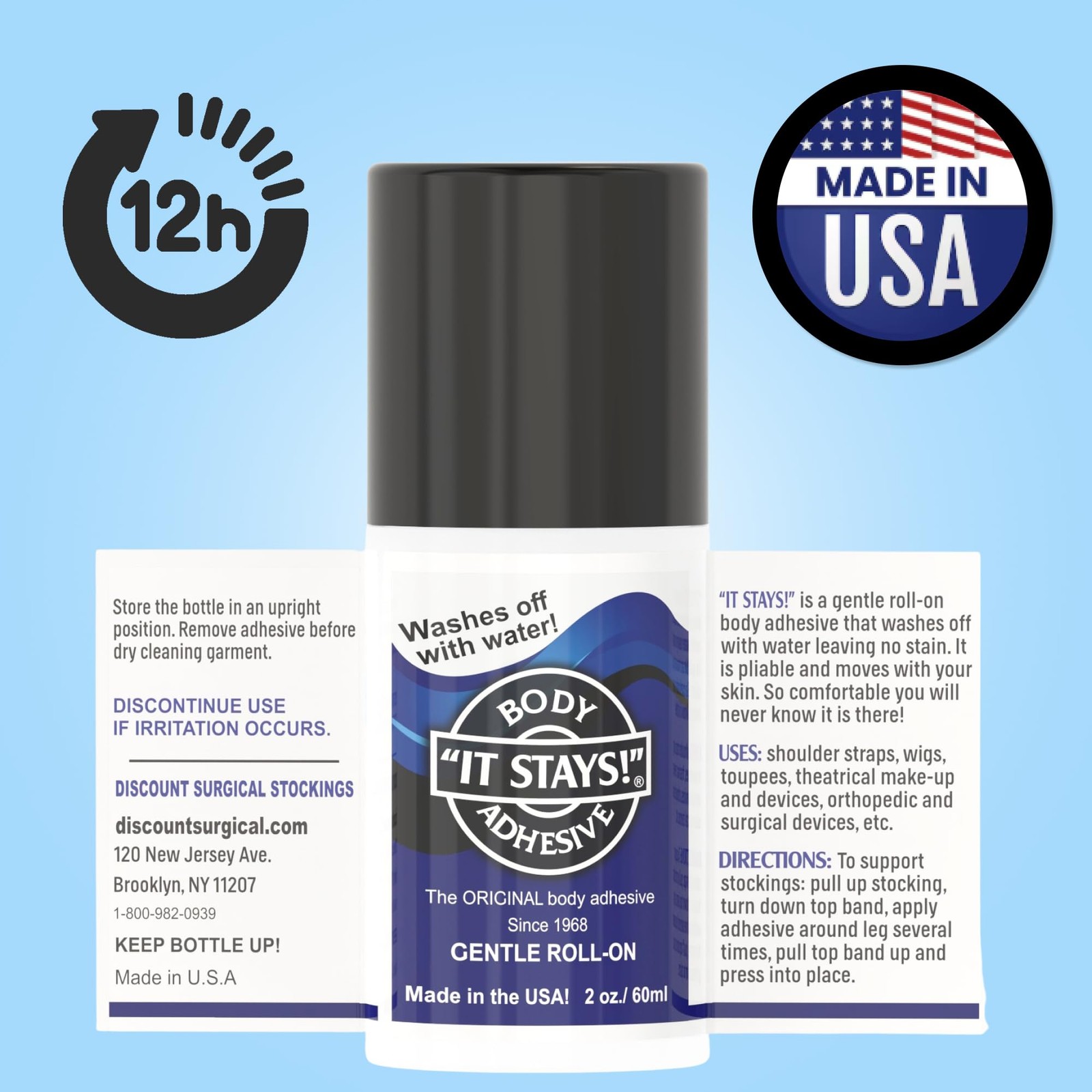 It Stays! Roll-On Body Fixative Glue 2 oz Adhesive Made USA 3 Bottle Pack