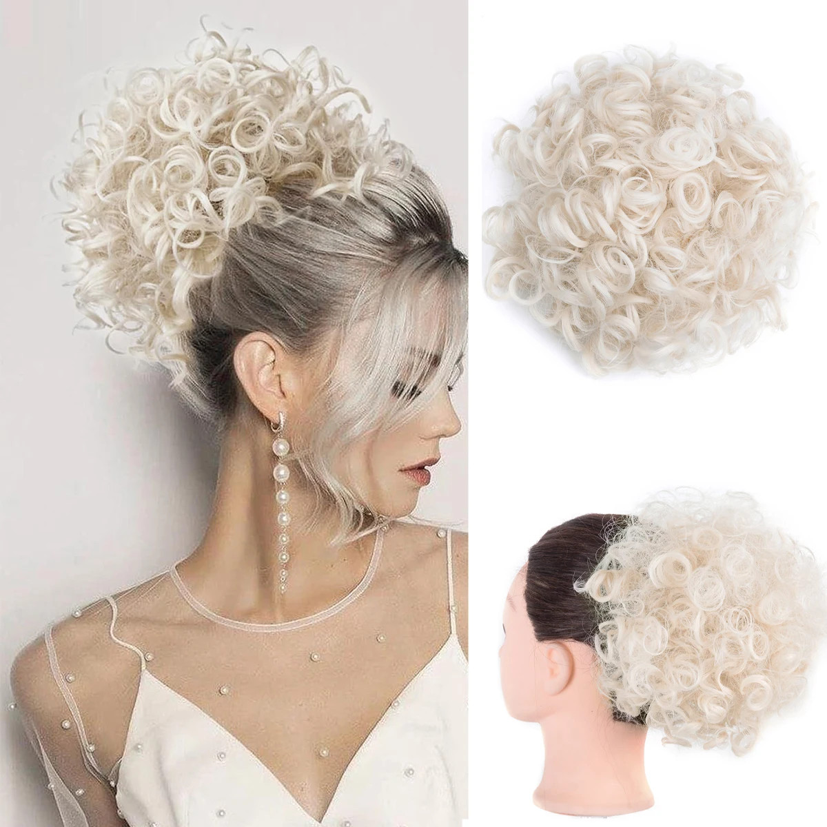 Ombre Blonde Large Curly Synthetic Messy Hair Bun Elastic Drawstring Ponytail
