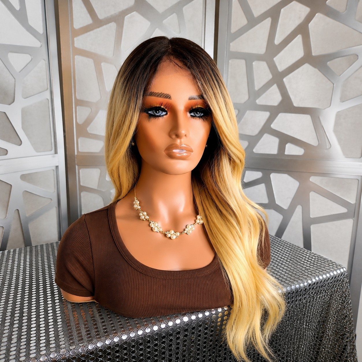 Blonde Ombre Wig Dark Roots Lace Front Glueless Human Hair Blend Long Wavy Wig