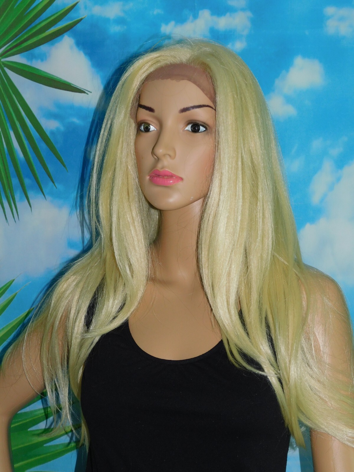 New Light Blonde Human Hair Mix Long Layered Wig Lace front Cool stretch cap