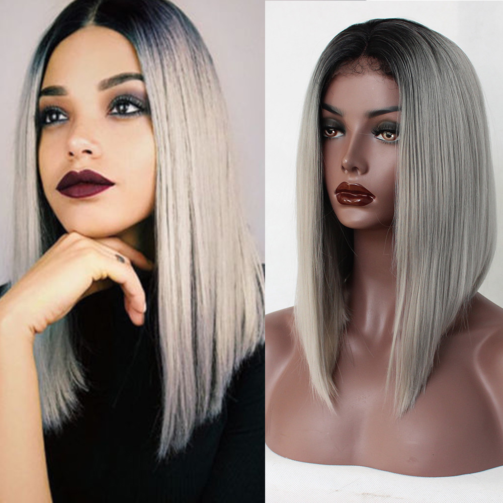 Brazilian Ombre Color Synthetic Lace Front Wigs Short Bob #1b/Gray Full Hair Wig