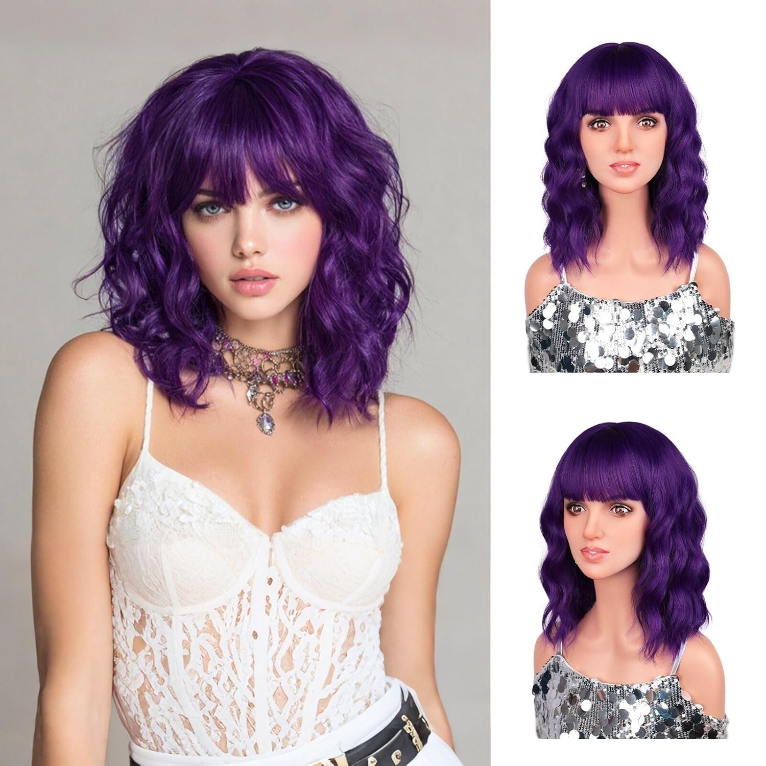 14″ Dark Purple Loose Wavy Bob Wig for Women Cosplay Party 169E818234