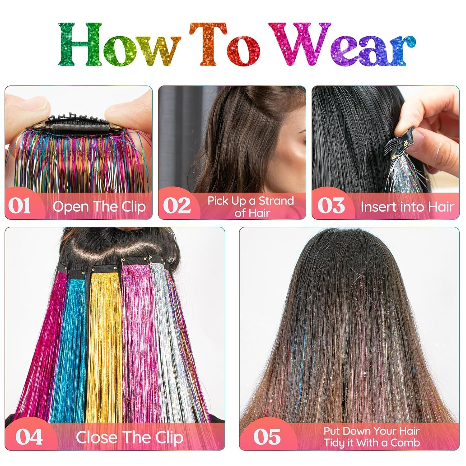 Clip In Glitter Tinsel Hair Extensions 19.7 Inch Perfect for Kid Girl Teens Gift