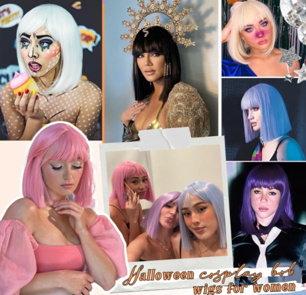 Women Short Straight Bob Wigs Heat Resistant Cosplay Party Halloween Wig 12 Inch