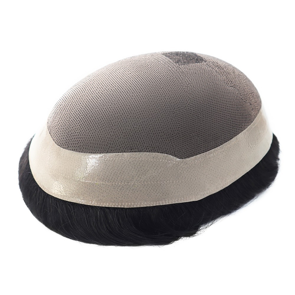 Mens Human Fine Mono Hair Replacement System Durable Hairpiece Poly Skin Toupee