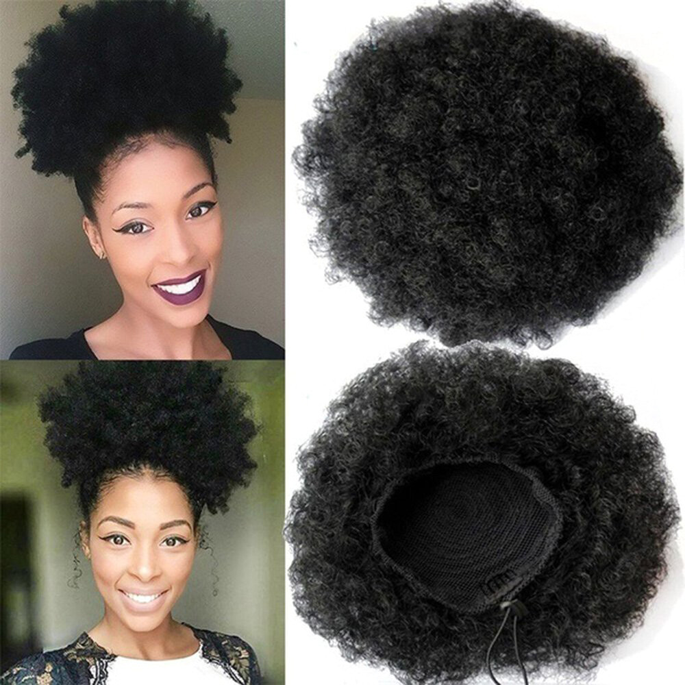 Afro Kinky Curly Ponytail Drawstring Puff Bun Clip on Chignon Bun Hair Extension