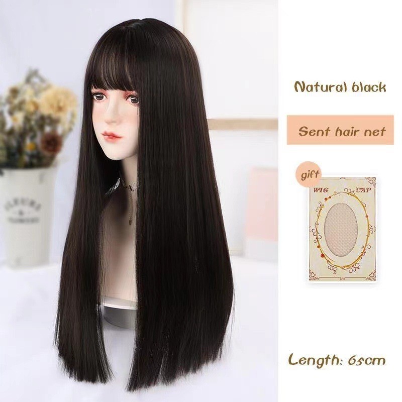 Japanese Korean Style Golden Long Straight Wig with Bangs Heat Resistant Fiber