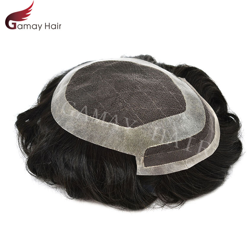 Mens Toupee French Lace Wigs Thin Skin Human Hair Replacement Natural Black F4-1