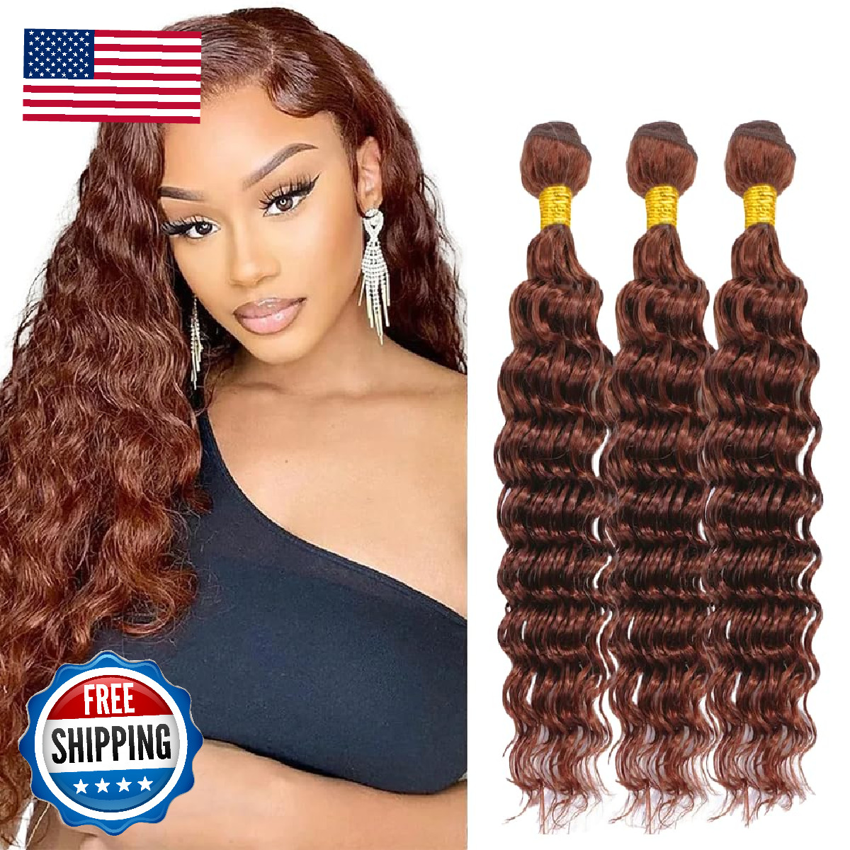Niciitysi Color 33 Auburn Deep Curly Human Hair Reddish Brown Deep Wave Bundles
