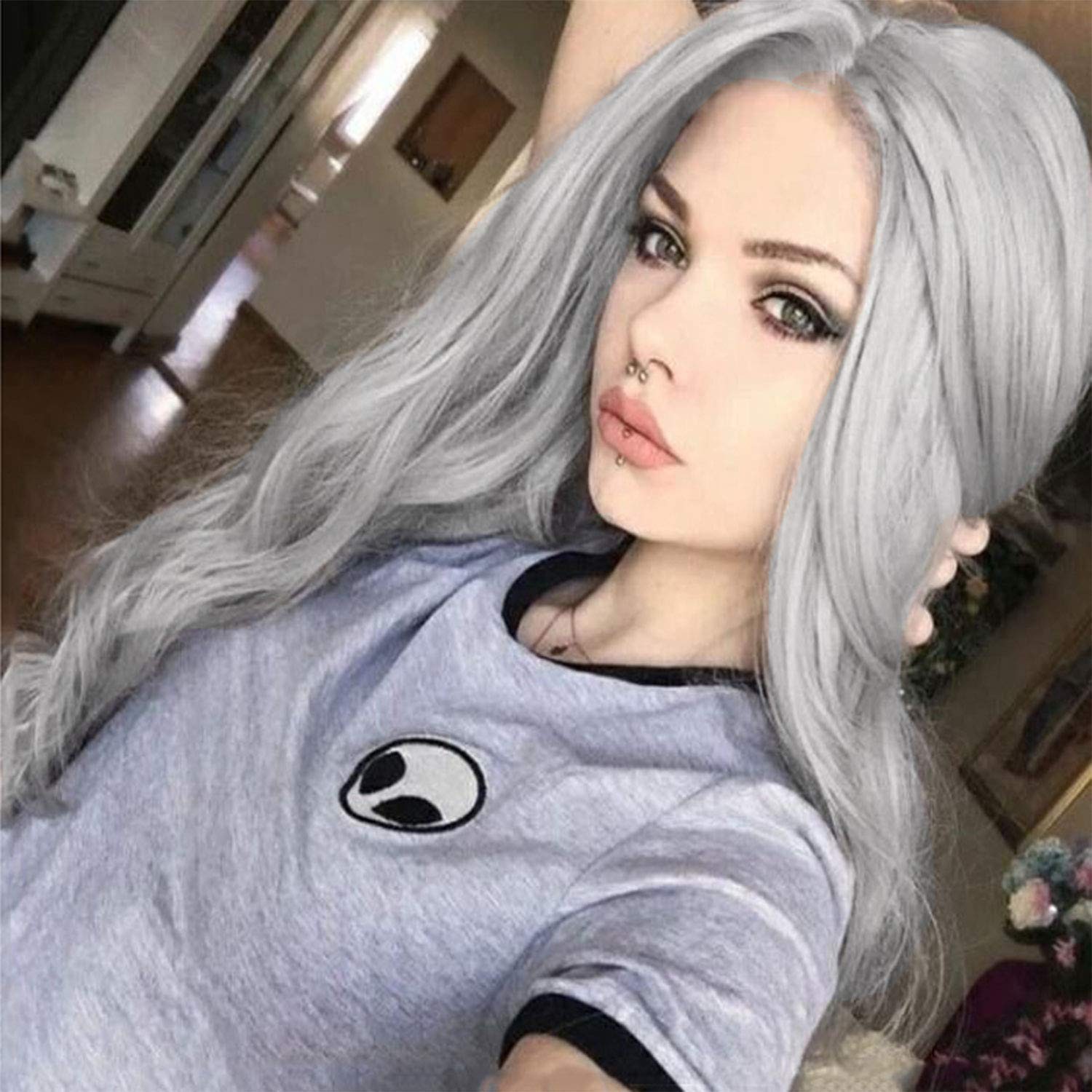Women’s Long Curly Wavy Silver Gray Wigs Cosplay Costume Halloween Wigs Synth…