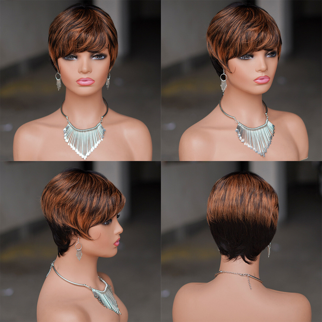 Pixie Cut Black Brown Blonde Mixed Wig Short Straight Human Hair Wig Glueless