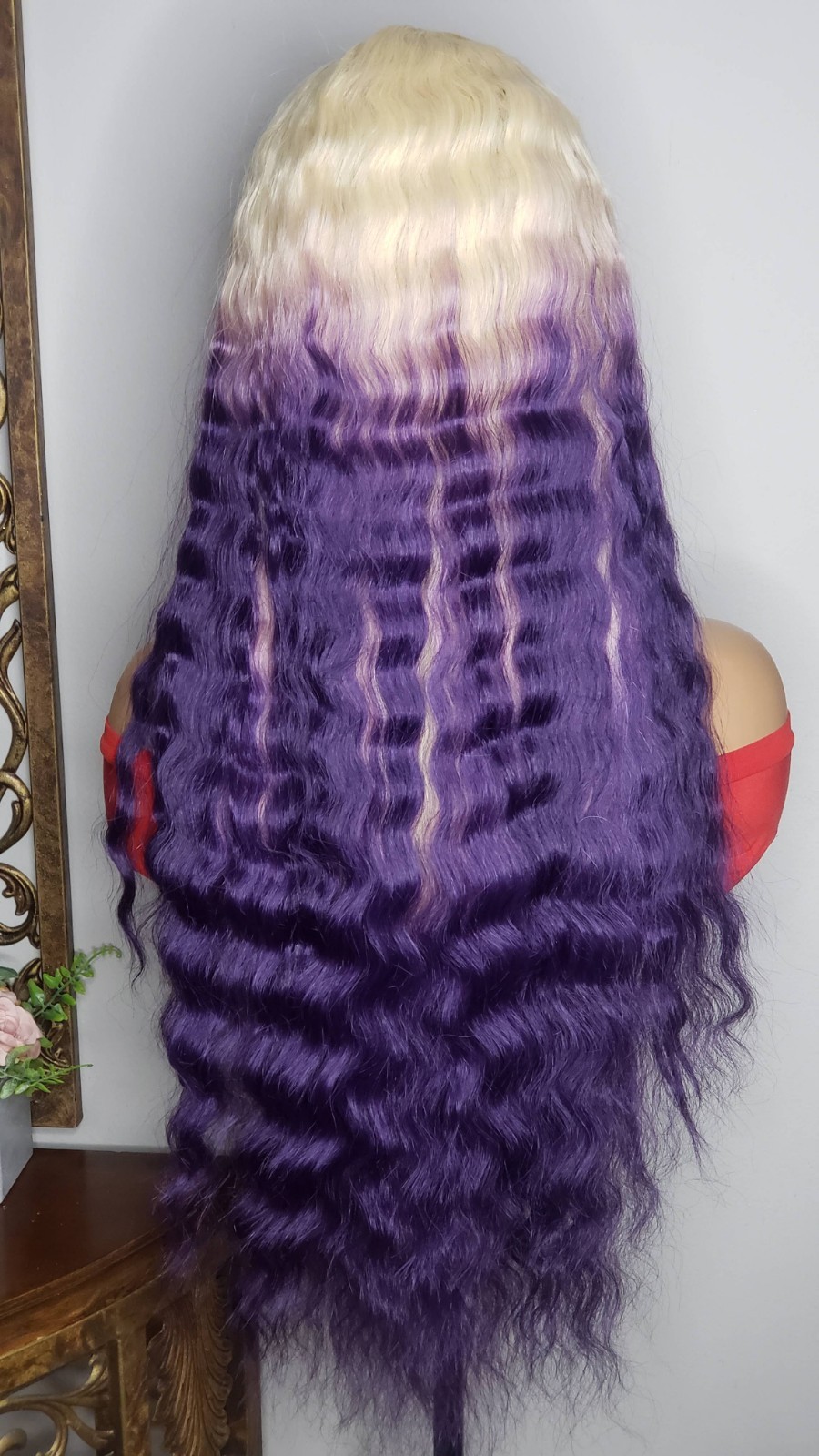 New Long Wavy Crimp Bangs Style Full Cap Wig 613 Blonde Purple Hair Womens Wigs