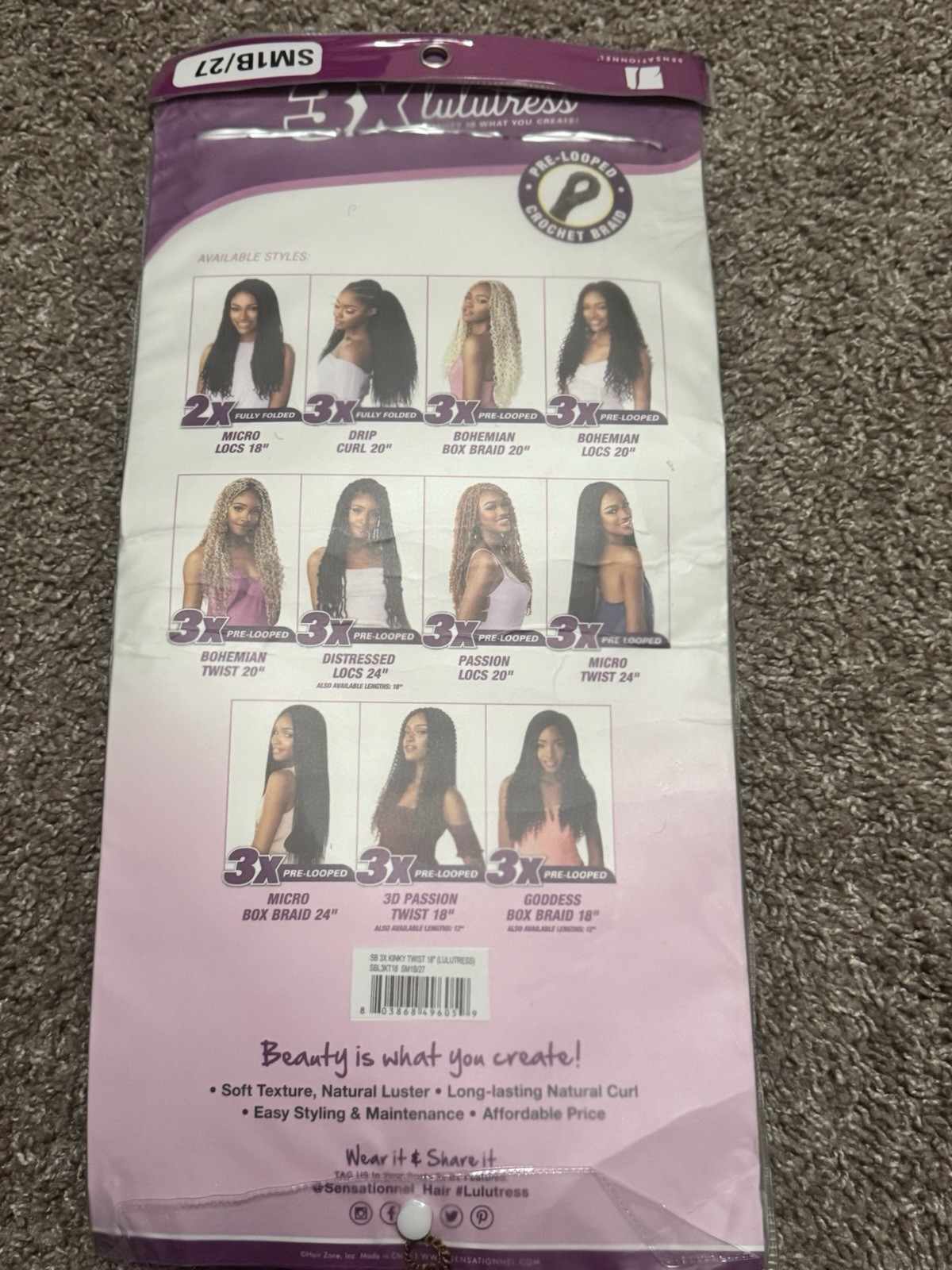 Lulutress 3X Kinky Twist Pre-Looped Synthetic Hair Extension 12in Black 3P
