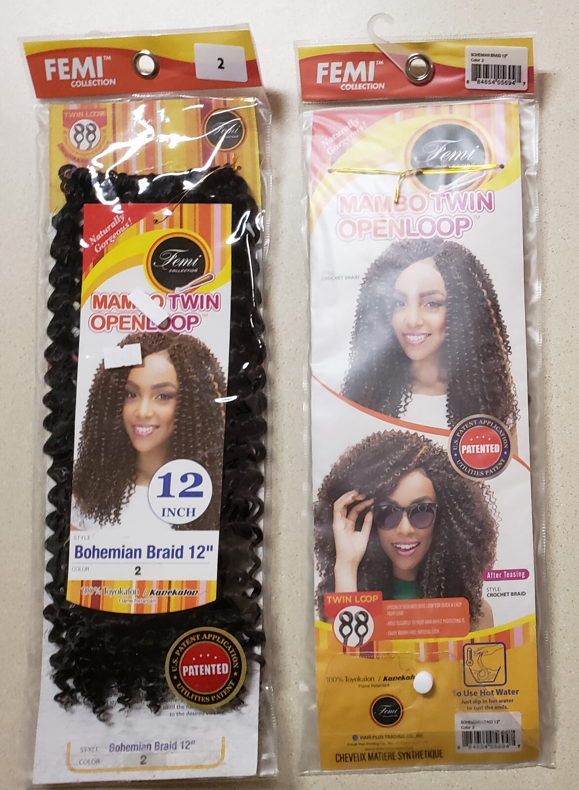 (Lot of 3) FEMI 12″ Bohemian Braid Color 2×2, 1×4 MAMBO TWIN OPEN LOOP CROCHET