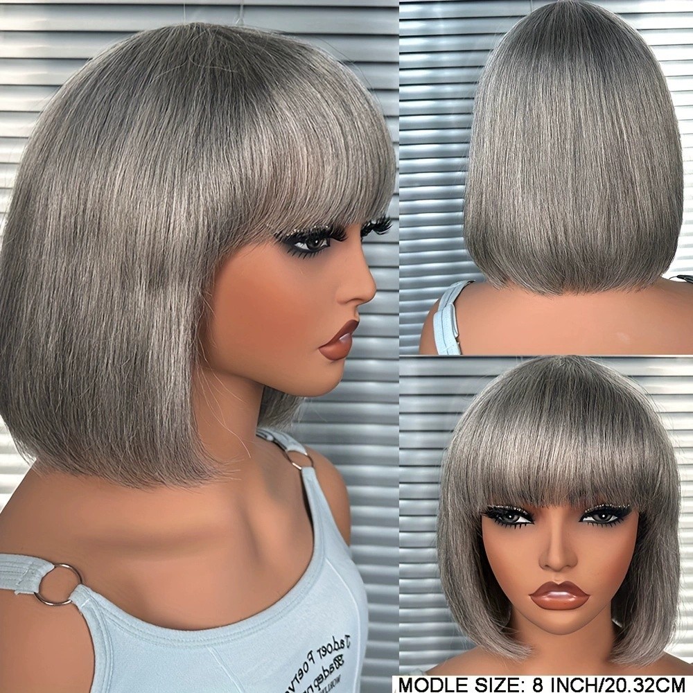 Salt and Pepper Short Bob Wigs Gray Wig with Bangs 100% Human Hair Full Machine