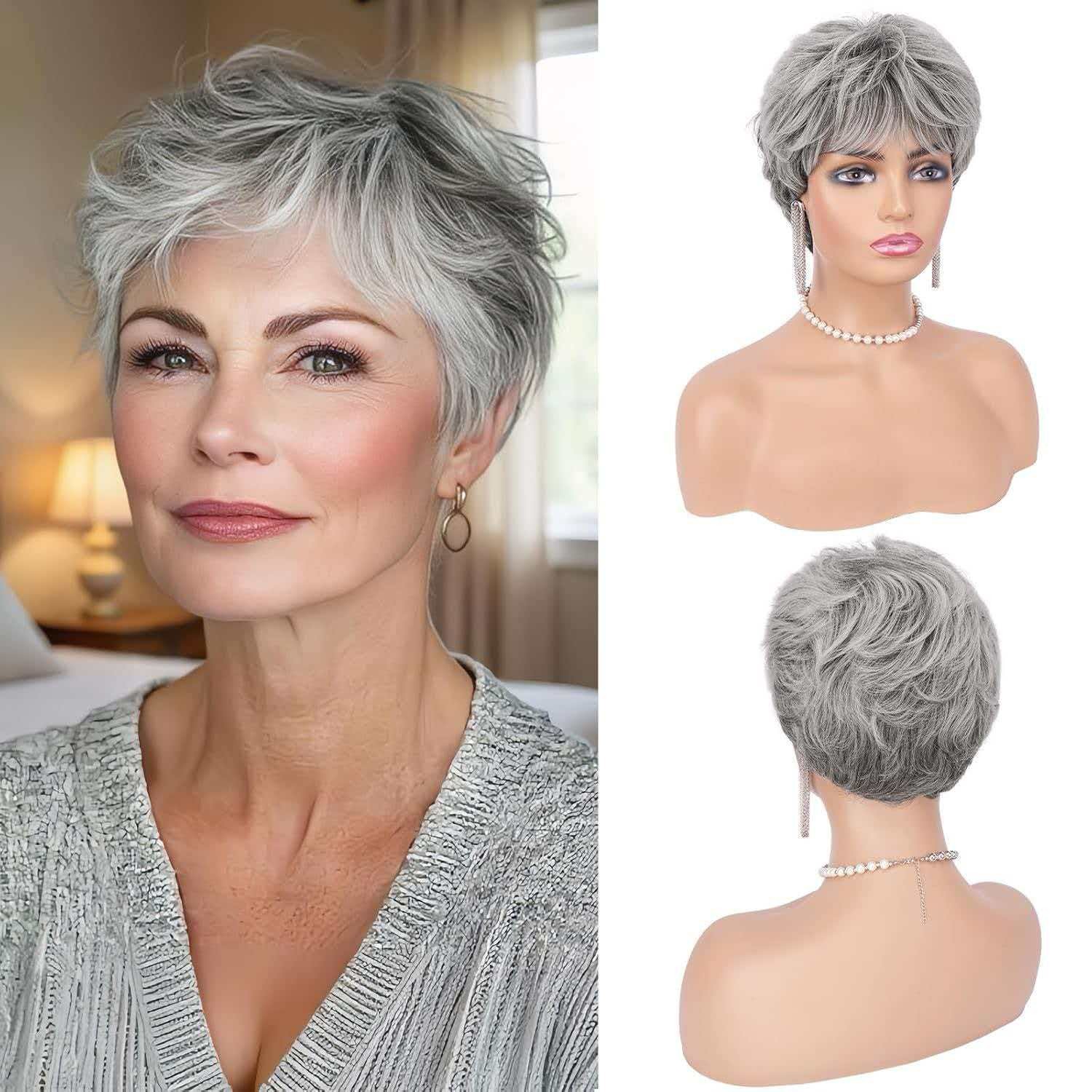 6″ Natural Silver Gray Ombre Short Wig for Women Party Synthetic Heat Resistant