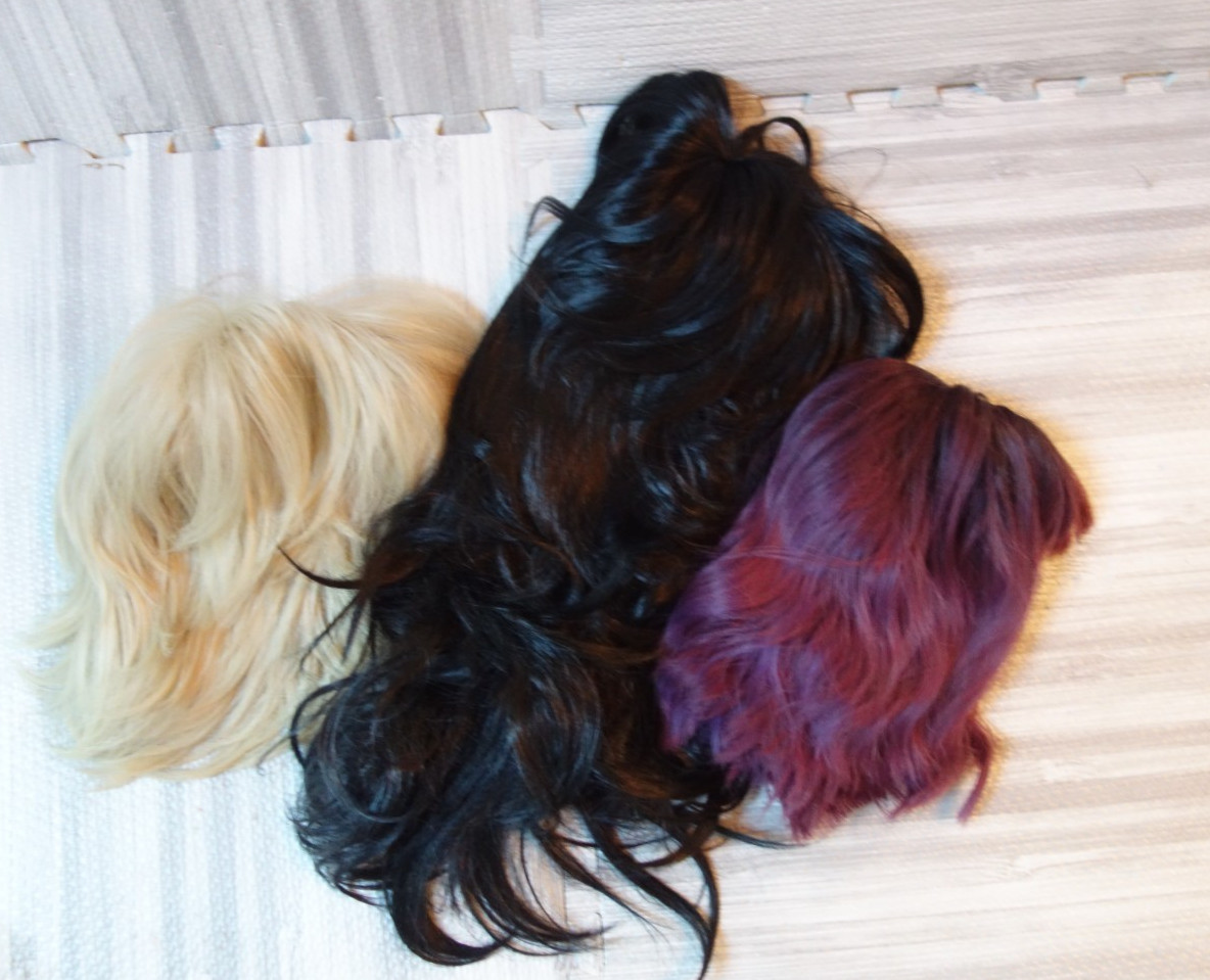 Lot of Three Wigs Various Colors Styles Lace Caps Black Blonde Purple