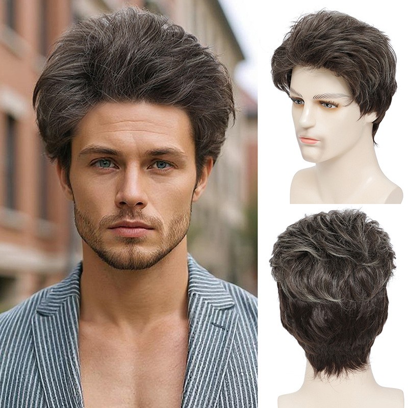 Men’s 10in Short Brown Blond Straight Wig Full Heat Resistant Synthetic Cosplay