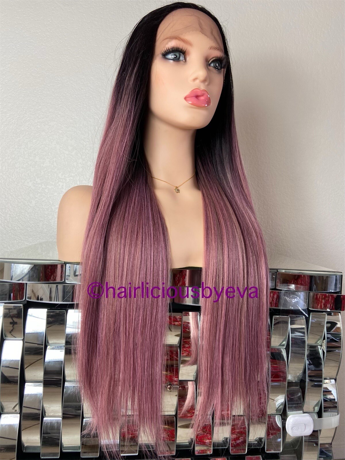Rose gold pink wig straight ombré black lace front 26 inch long heat ok