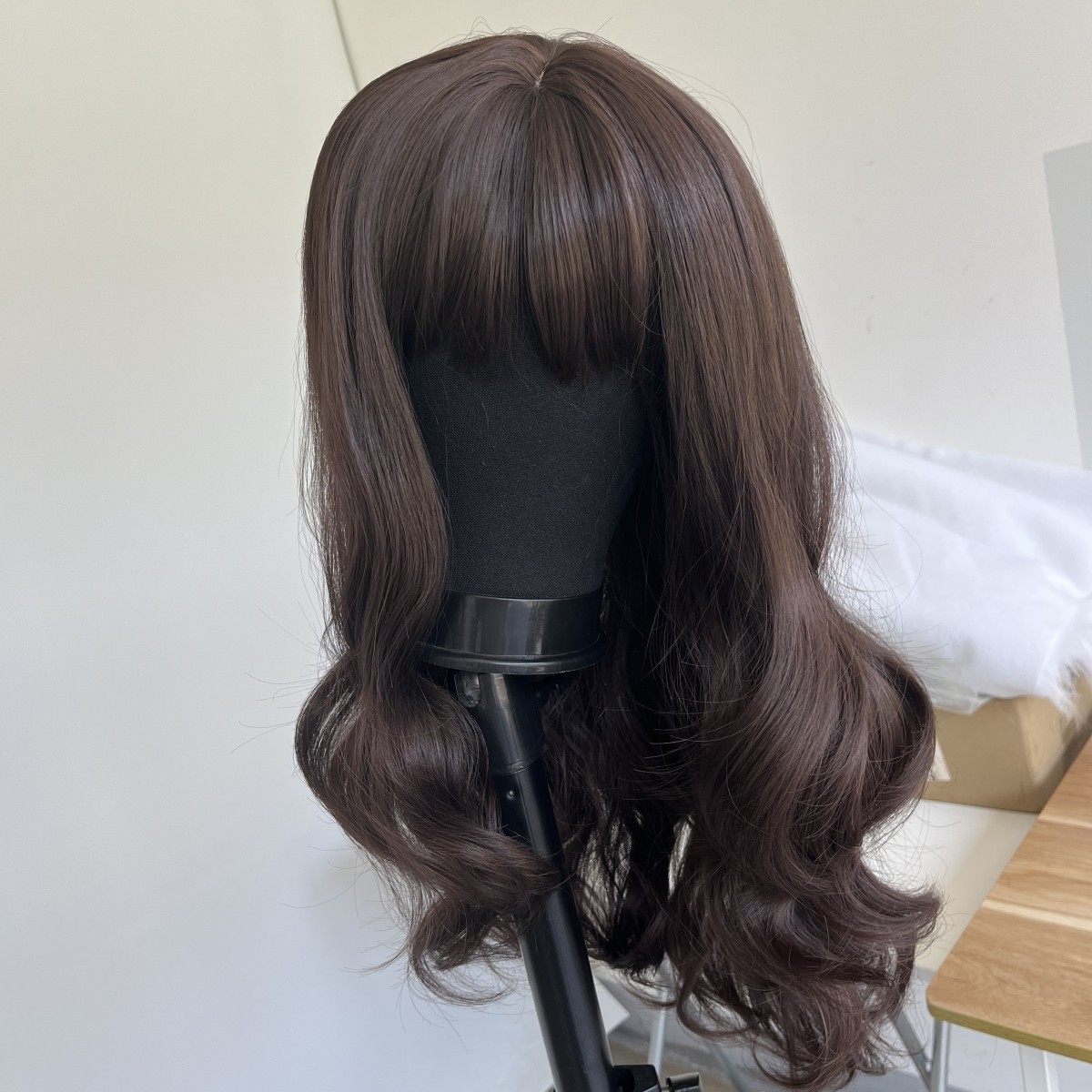 Heat Resistant Hair Cosplay Party Wig With Fringe Long Wavy Choc Brown