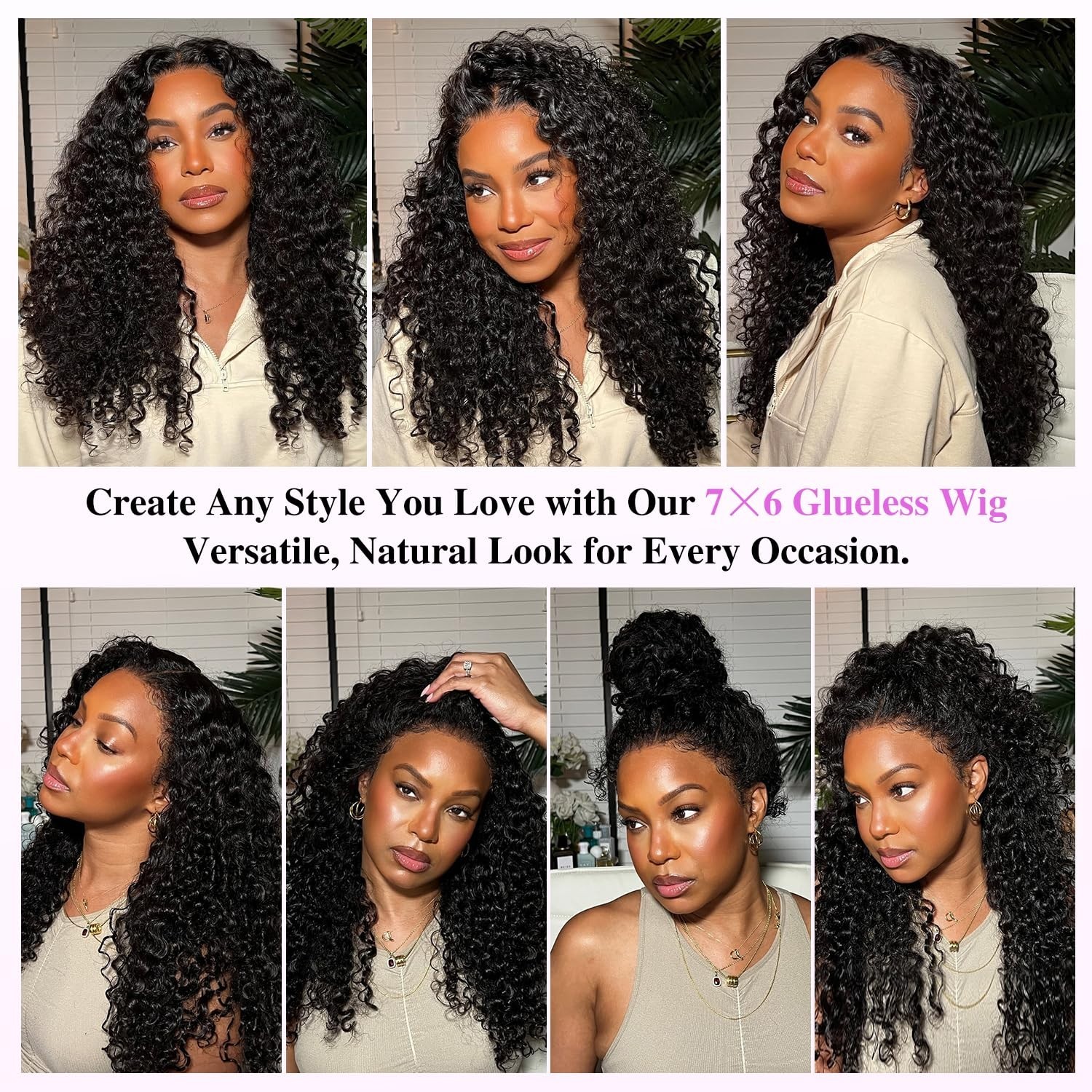 16 Inch 7×6 Curly Glueless Human Hair Wig, Pre-Plucked, 250% Density, HD Lace