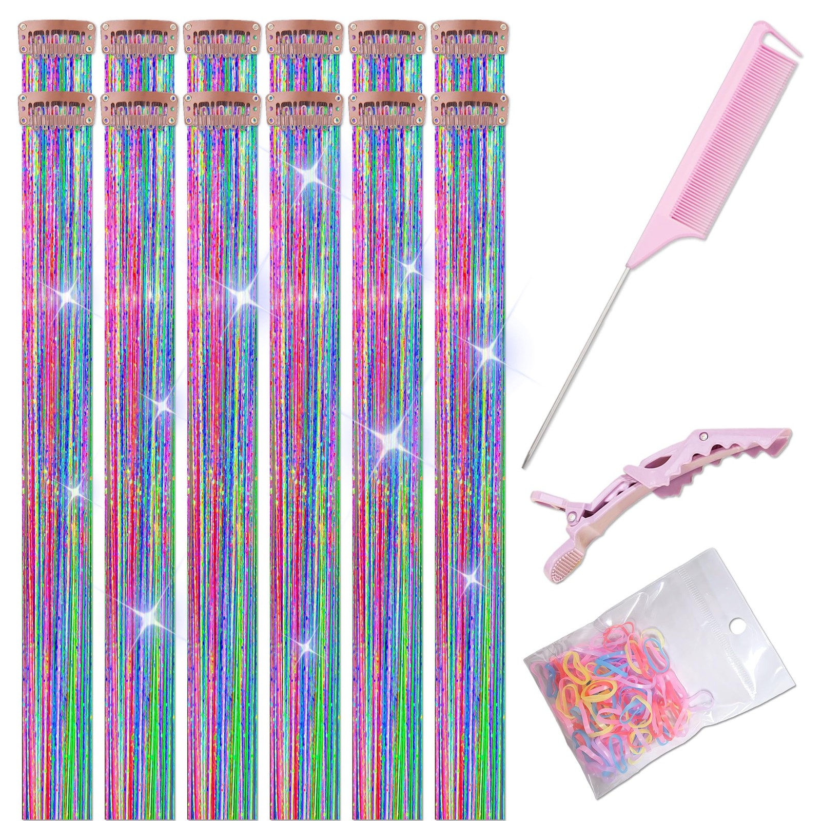 ONROCL Hair Tinsel Clip in Extensions 12Pcs 24 Inch Dreamy Colorful Glitter H…