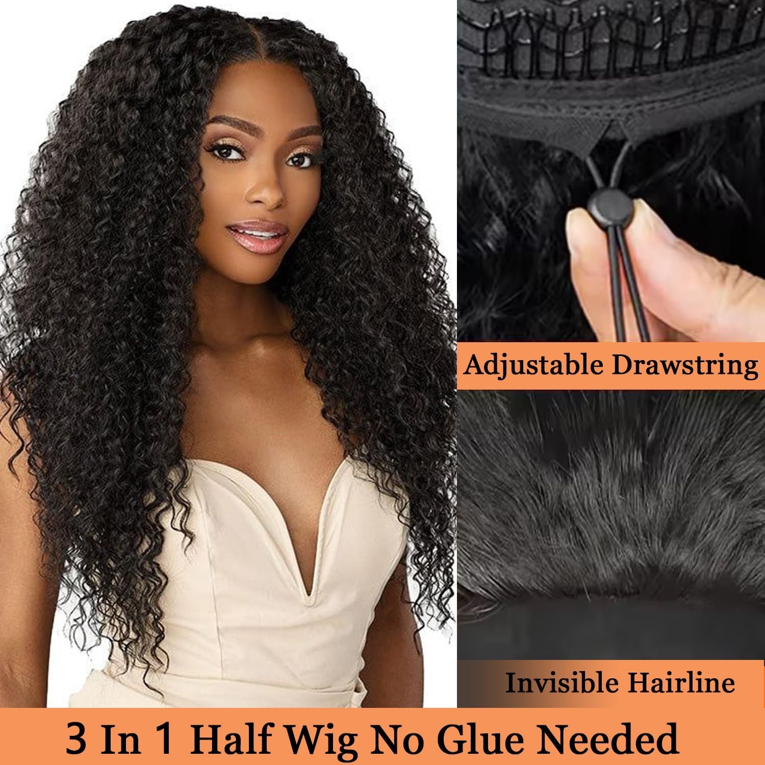 Kinky Curly Half Wig 22″ Human Hair, Glueless Flip Over, 200% Density, Beginner