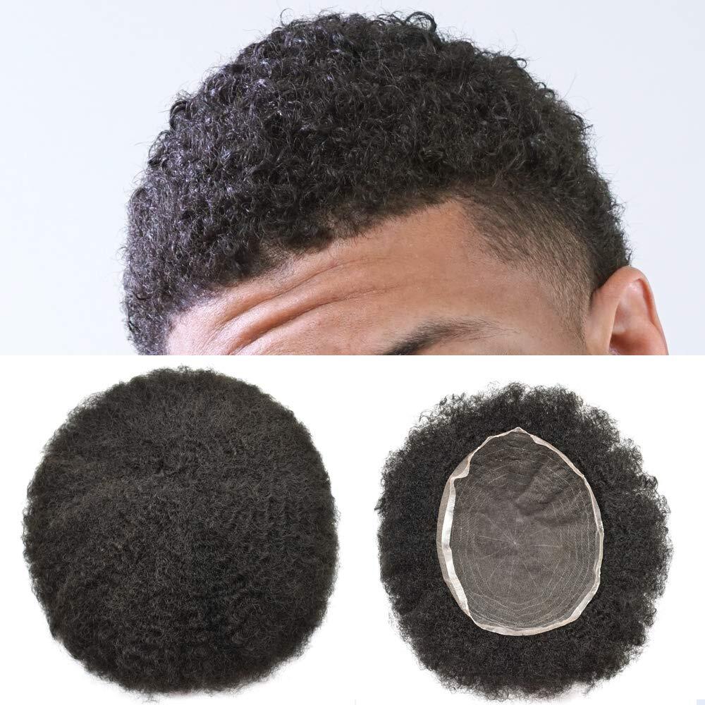 Full Lace Afro Curly Mens Toupee African American Human Hair Systems Replacement