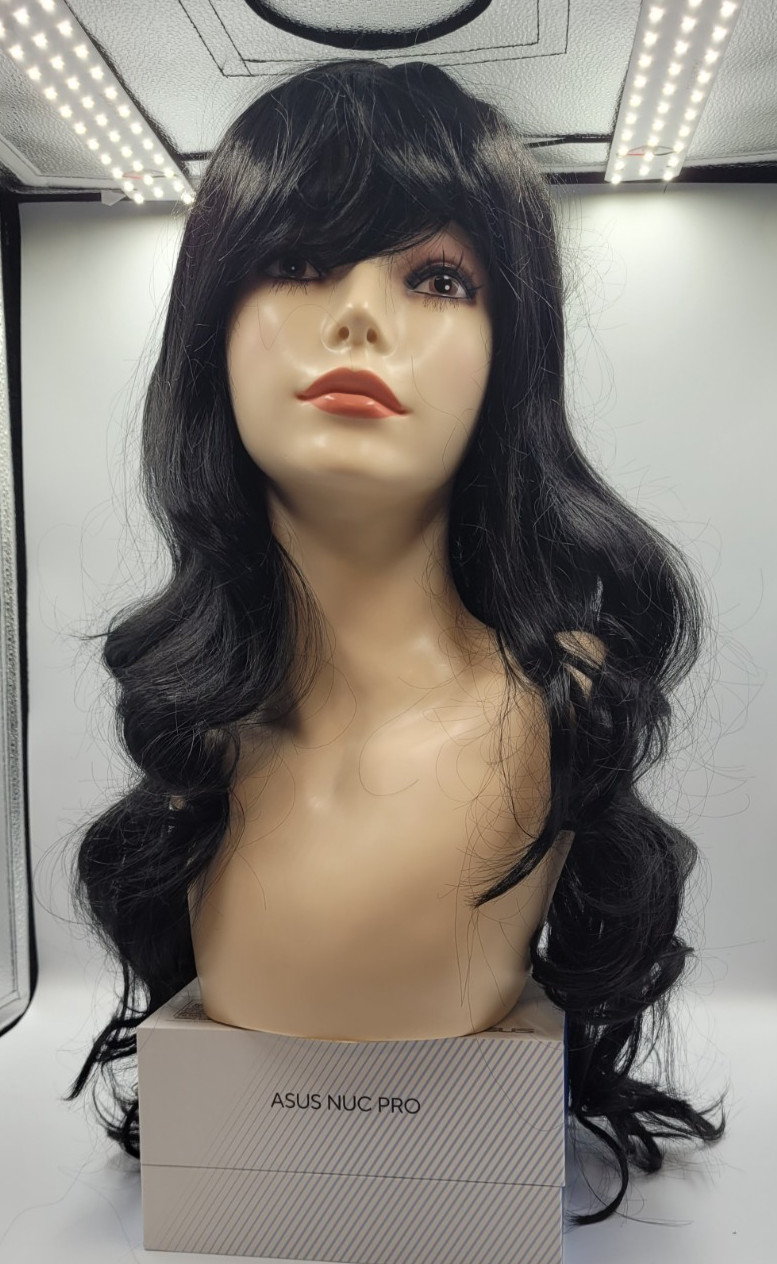 Long curly wave synthetic wig with blunt bangs heat resistant fiber full wig