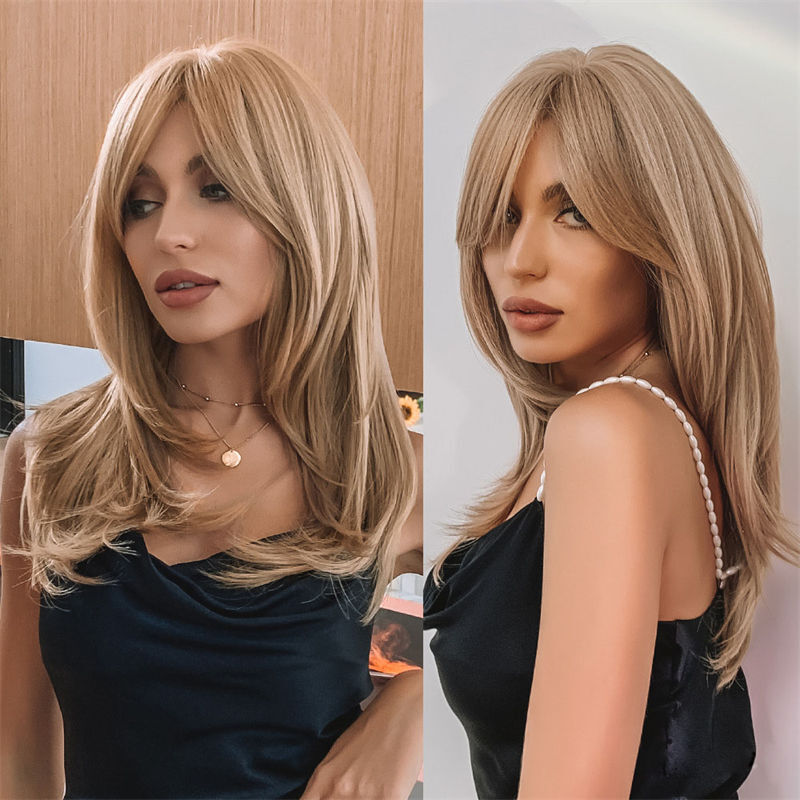 Women Wig Fashion Gradient Golden Fiber Wig High-Temperature Eight-Character