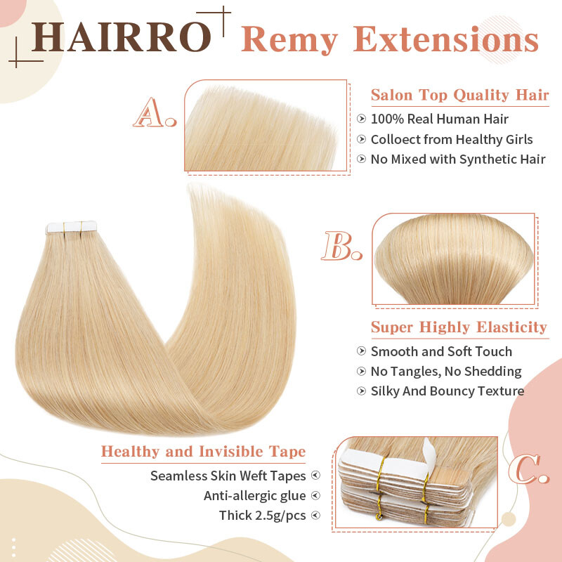 HAIRRO Tape In Hair Extensions 12″-24″ Real 100% Remy Human Hair Invisible Blond