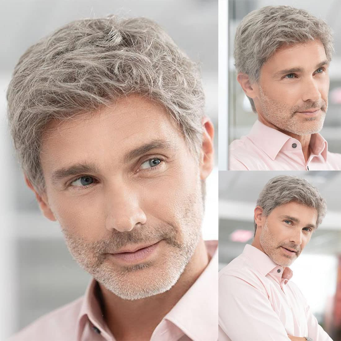 Sallcks Mens Short Grey Wig Natural Layered Costume Halloween Wigs Synthetic