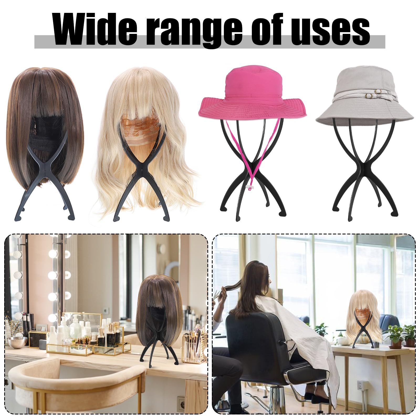 2 Pack Black Portable Wig Stand Holder Head Stand for Wigs