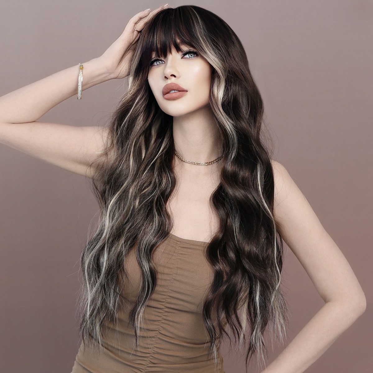 Highlighted Skunk Stripe Long Curly Wig Christmas Synthetic Hair Wig For Women