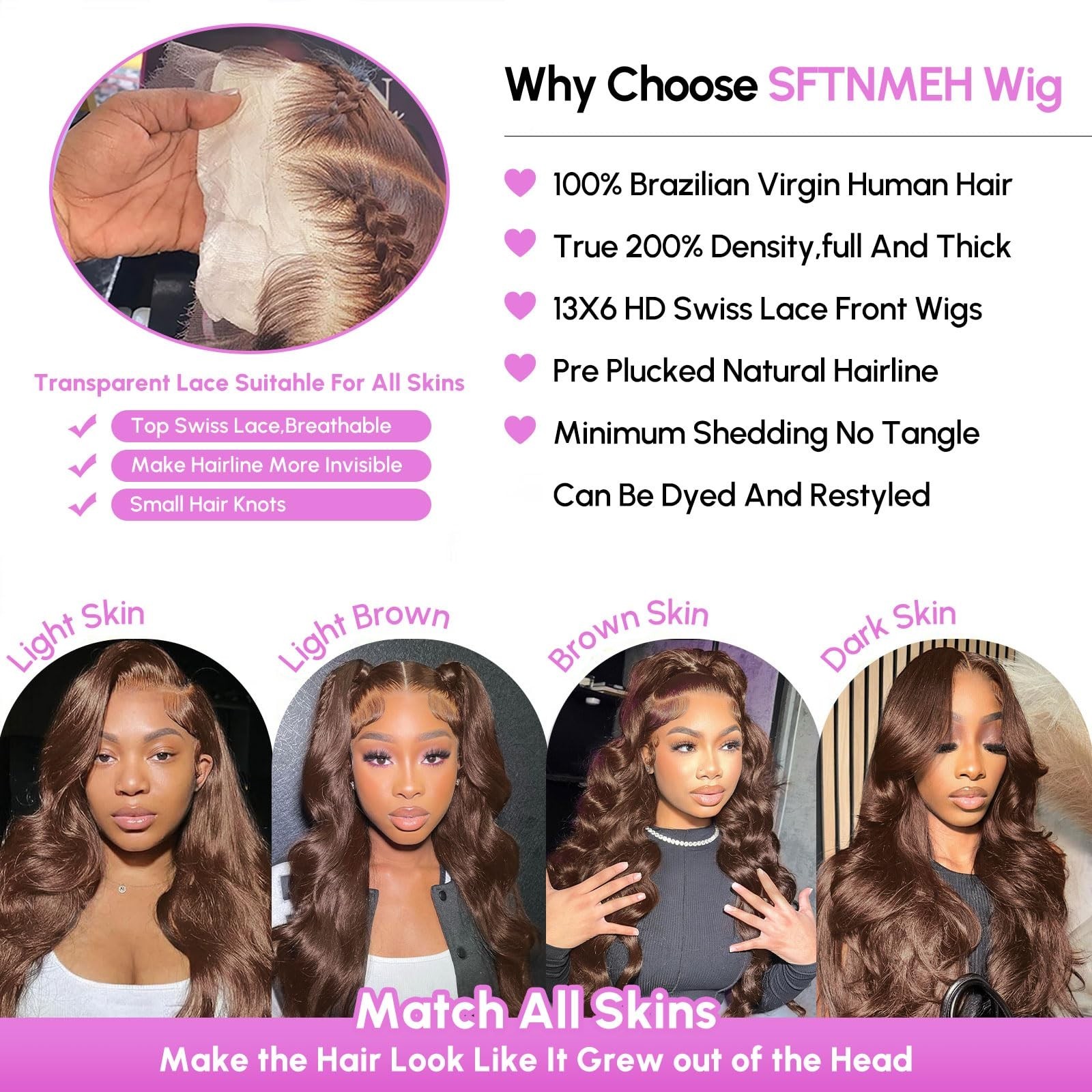30″ Chocolate Brown Body Wave Lace Front Wig 200 Density HD Human Hair, Pre-Pluc