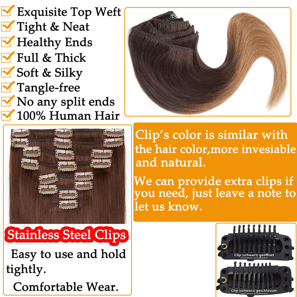 CLEARANCE Clip In 100% Human Hair Extensions 8 PIECES Standard Full Head Weft US