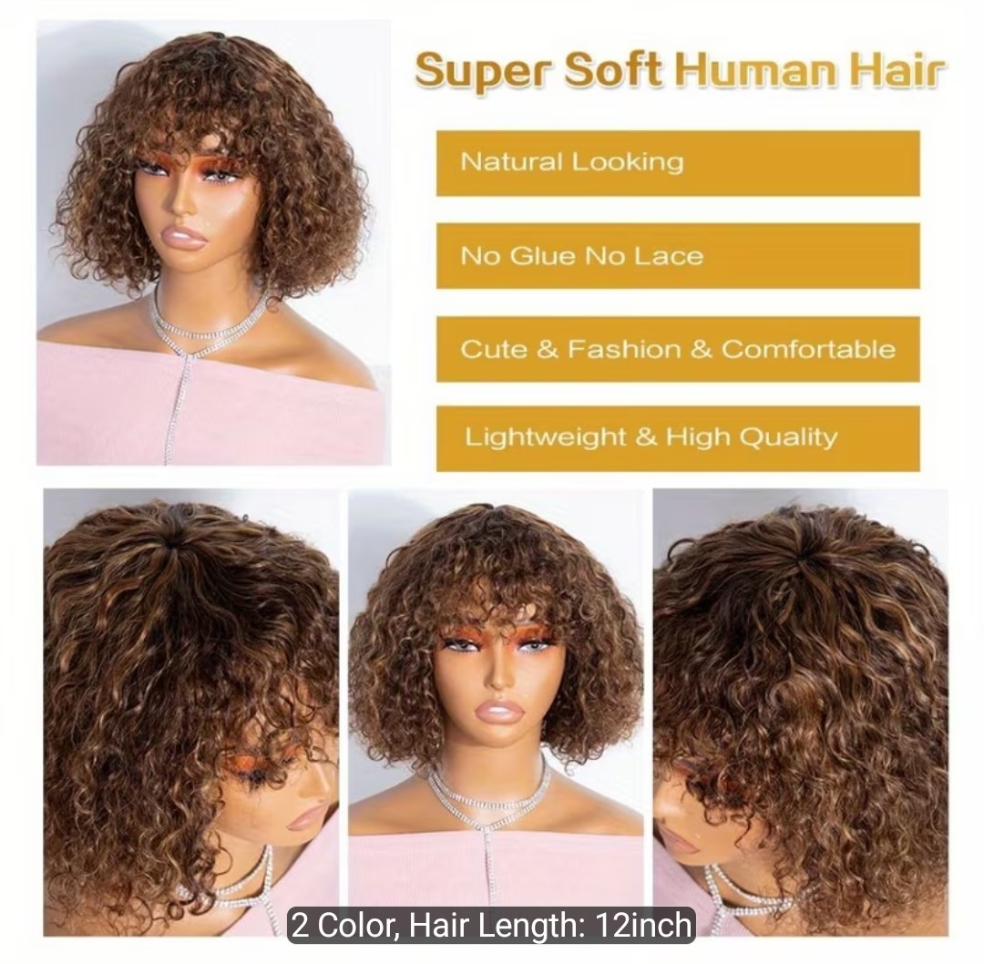 Women’s Ombre Brown 12 Inch Short Curly Bob Wig with Bangs Human Hair for Water