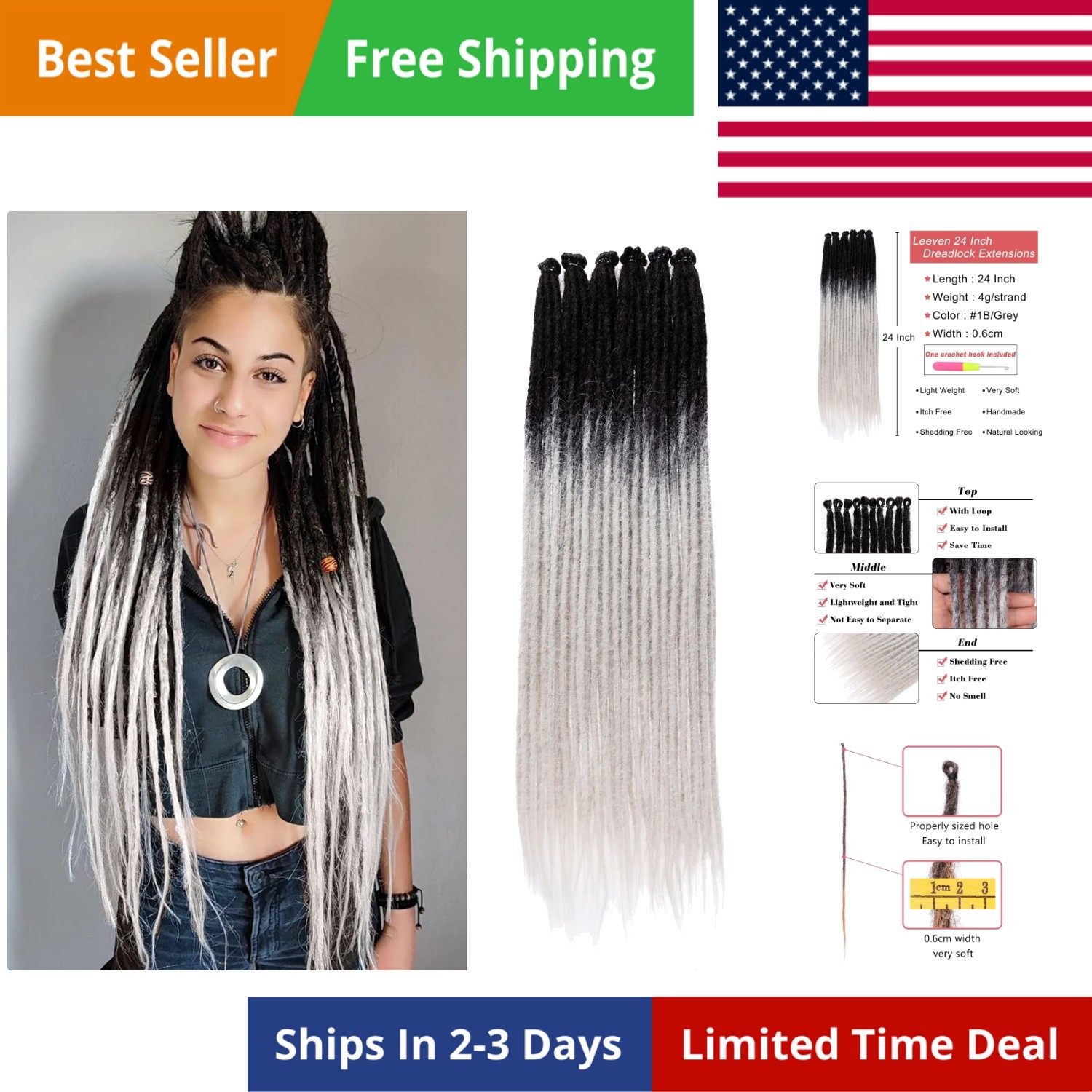 40 Strands Dreadlock Extensions 24 Inch Black to Grey Single Ended 0.6 cm Wid…