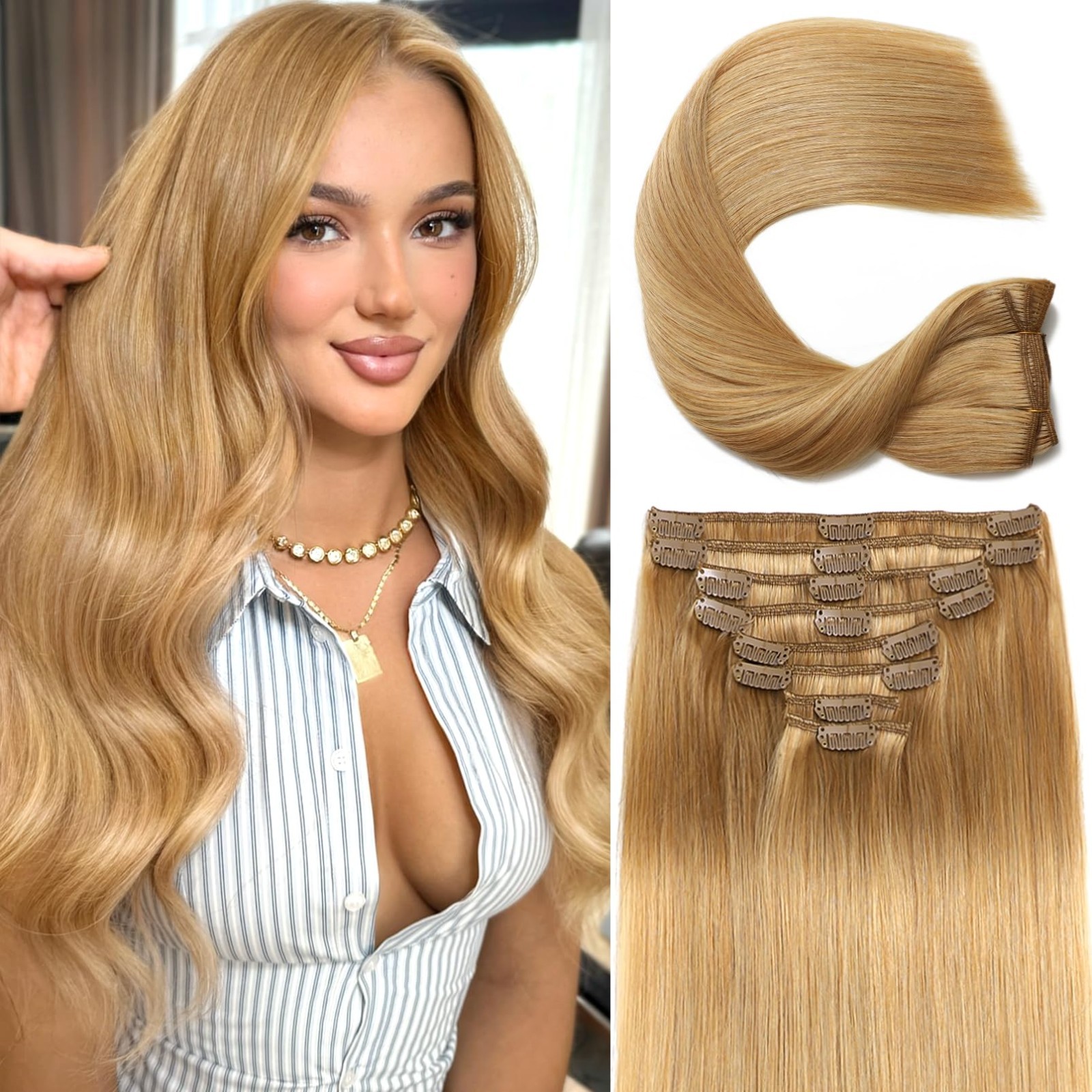 24″ Clip-In Real Human Hair Extensions, 120g, 8pcs, Seamless Double Weft, #27 Ho