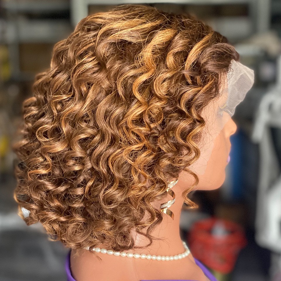 T4/27 Brown Highlight Wig Human Hair Wig Bob Wig 13X4 Lace Front Wig Pre-plucked