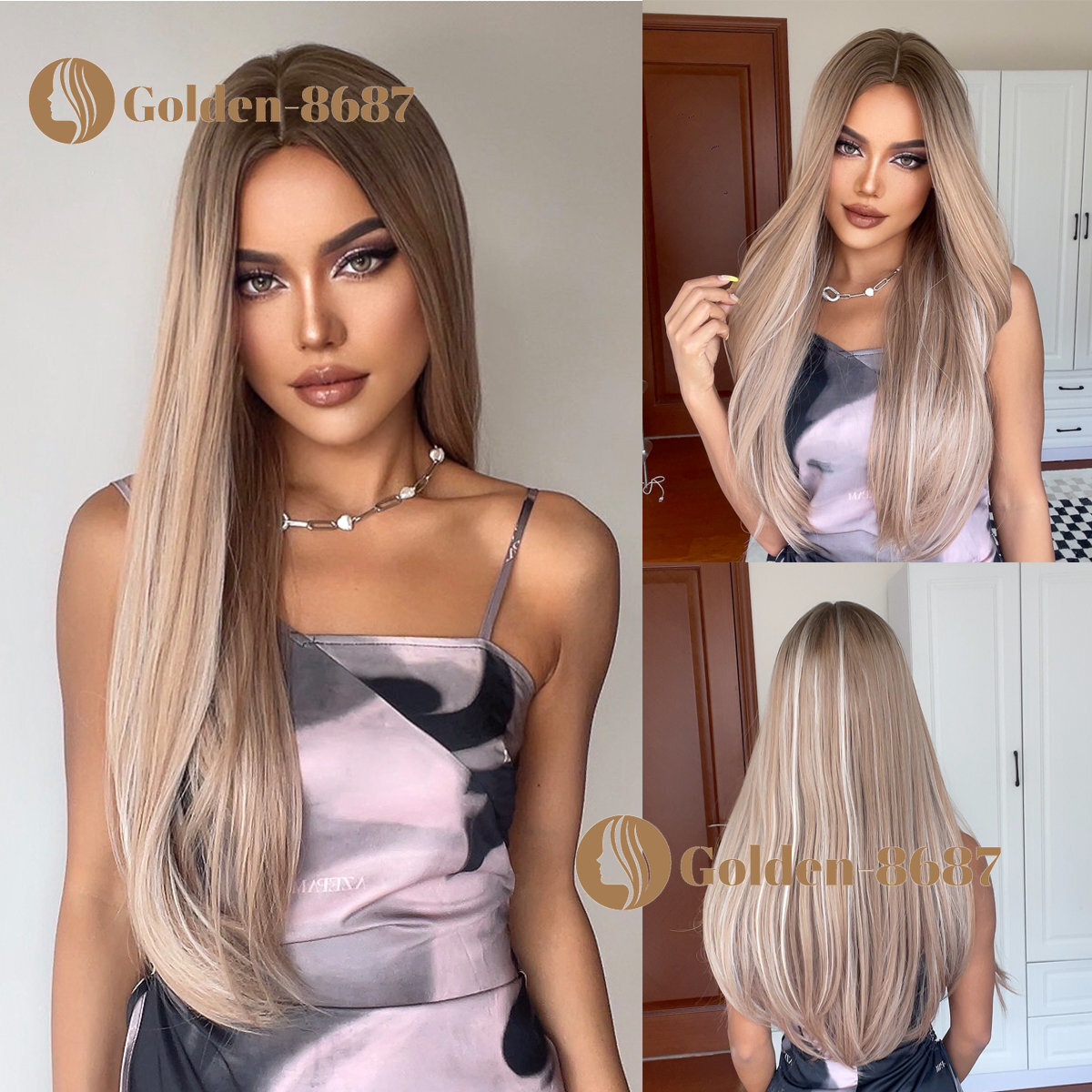 US Honey Brown Mixed Blonde Synthetic Wigs Long Straight 26 Inch Wigs Daily Use