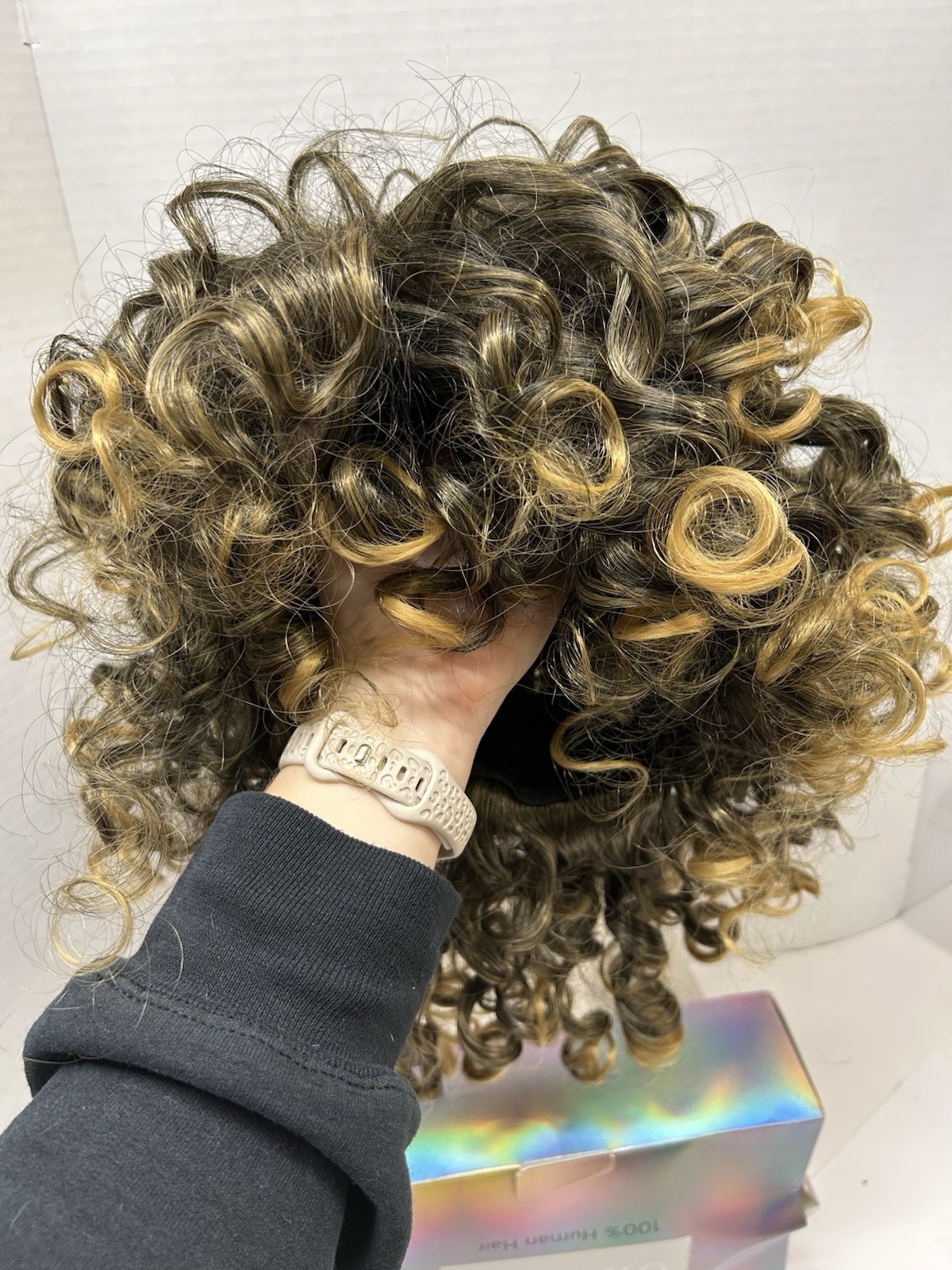 OnePart Human Hair Curly Clip-In Wig Free-Part Capless Dark Brown/Golden Blond