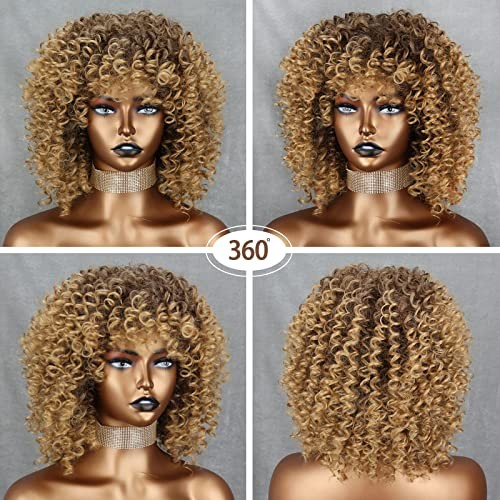 14 inch Blonde Curly Wigs 70s, Kinky Brown Mixd Blonde Afro Blonde Mixed Brown