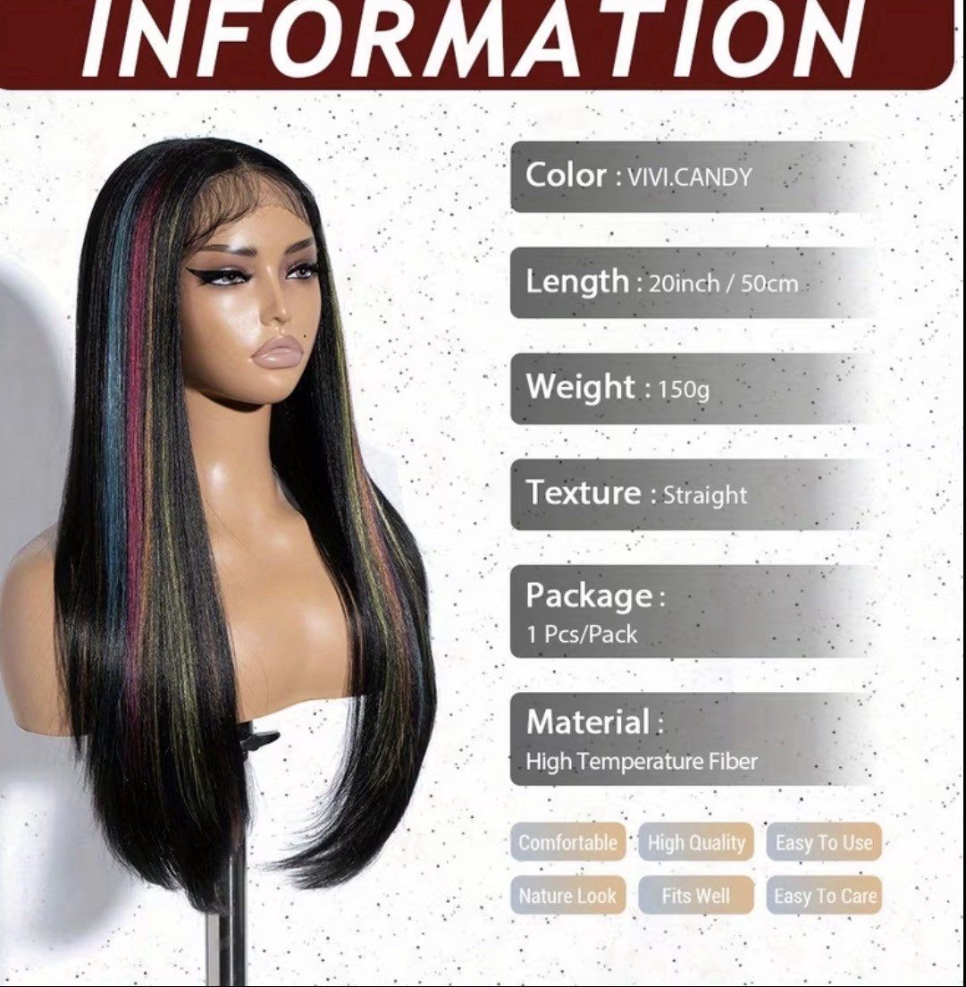 Women’s Synthetic Straight Lace Front Wig 20in Black/Pink/Yellow/Blue